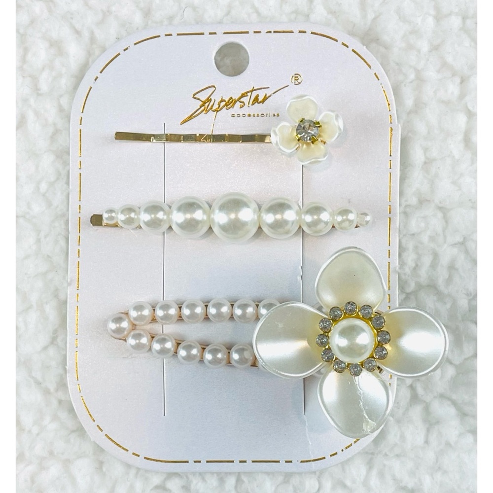 (NWT) SUPERSTAR • Gold/White Faux Pearl and Rhinestone Floral Hair Clip Set